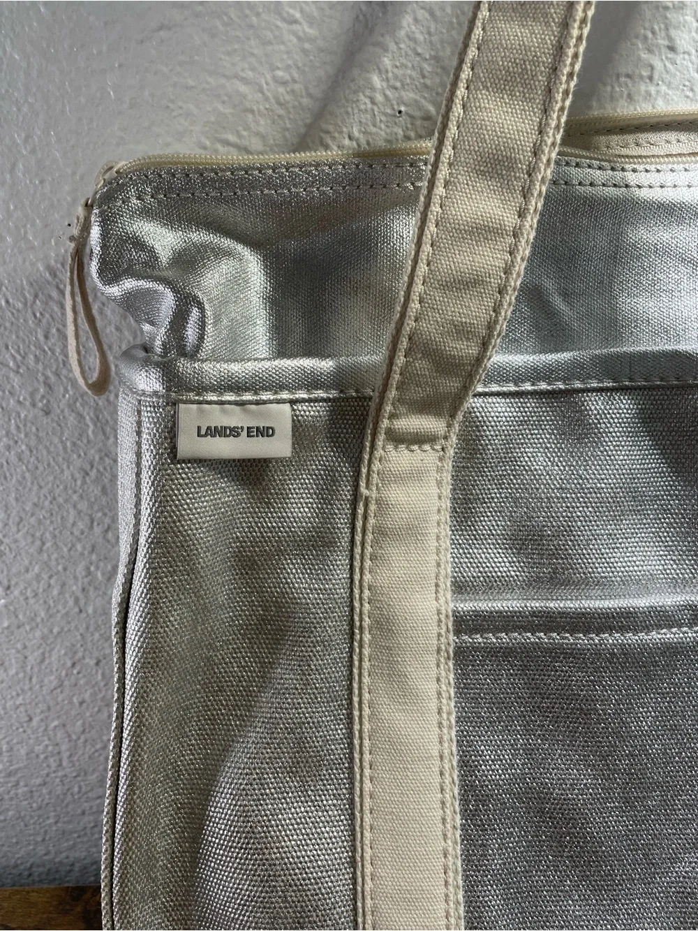 Lands' End Open Top Coated Metallic Canvas Tote - silver classic preppy